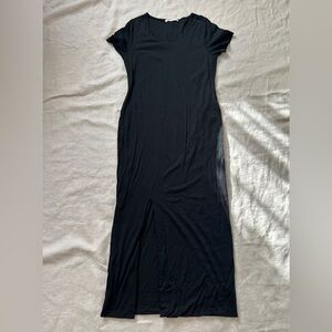 Peruvian Connection Cotton Jersey Black Maxi Dress Round Neck Cap Sleeve Slit